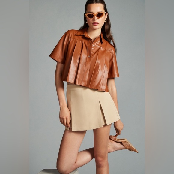 Anthropologie Maeve Pleated Vegan Leather Short Sleeve Shirt - Picture 1 of 15